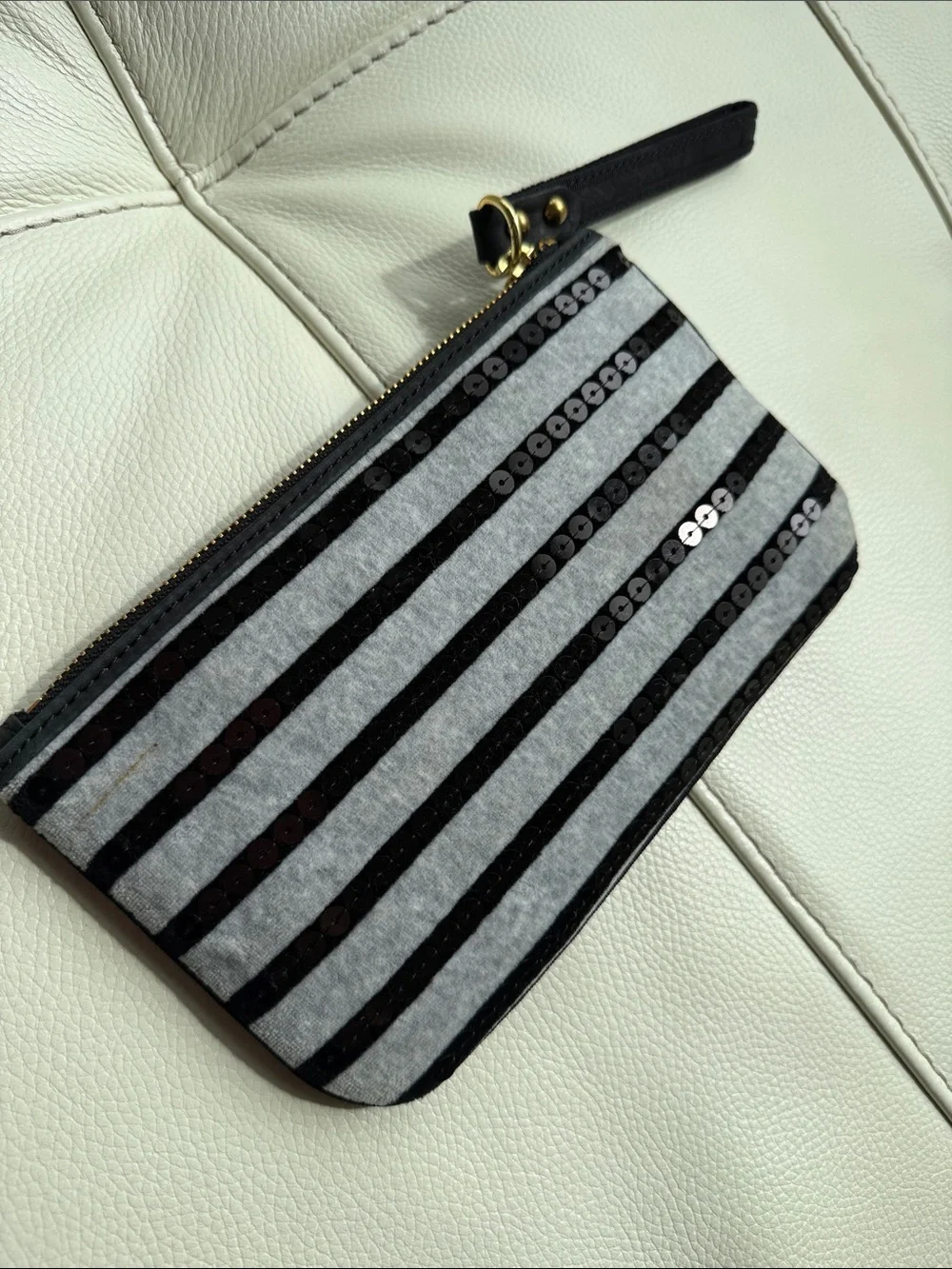 Juicy Couture Gray & Black Striped Sequin Heart Wristlet